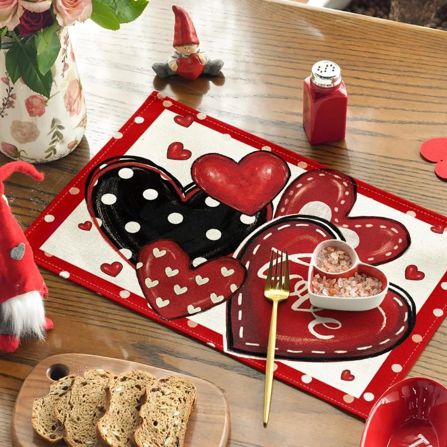 Red Dot Heart Love Valentine Placemats Set of 4 12x18 Ih Wedding Anniversary Table Mats for Party Kitchen Dining Decoration