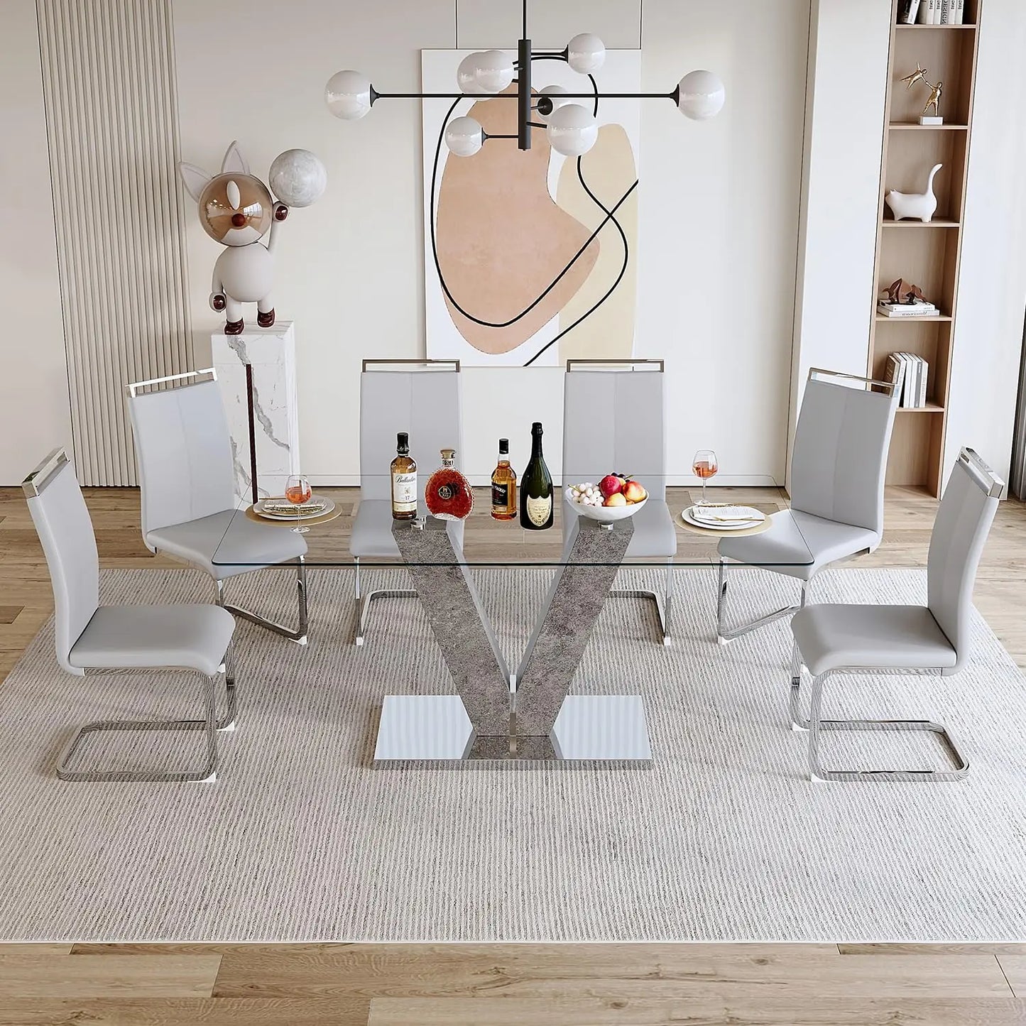 Glass Dining Room Table Set for 6,Modern Dining Table with 6 PU Leather Dining Chairs.71'' Kitchen Table with, Customized