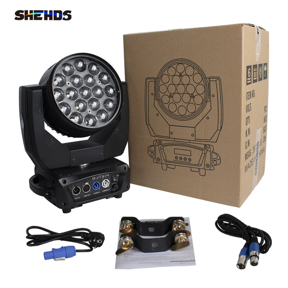 SHEHDS 2pcs LED Zoom 19x15W RGBW Beam Wash Moving Head Lighting Beads Circle Control for DJ Disco Concerts Wedding Christmas