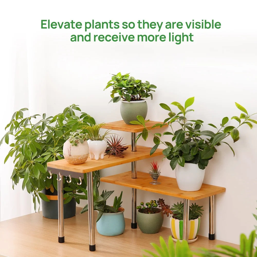 3 Tier Bamboo Corner Shelf Countertop Organizer Storage Display Kitchen Bathroom Office with Hooks Eco-Friendly Design