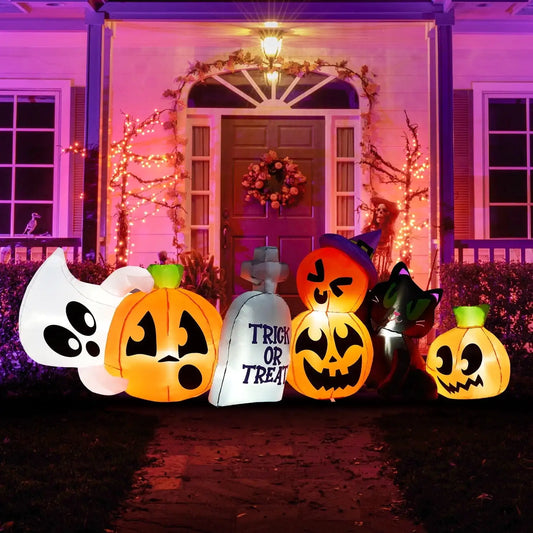 Joyfy 8 ft Halloween Inflatables Characters Long Light Up Pumpkin Ghost Cat Tombstone Halloween Blow up Yard Decorations