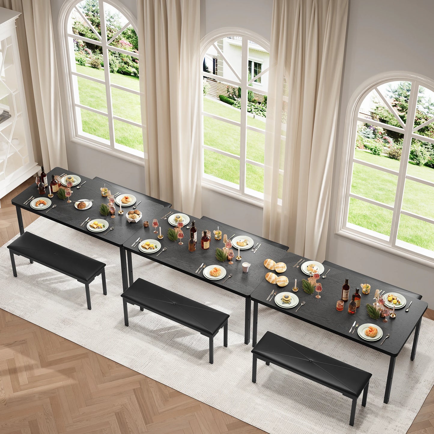 Dining Table Set for 4, Kitchen Table with Benches, Rectangular Dining Room Table Set with 2 Upholstered Benches for Small Space
