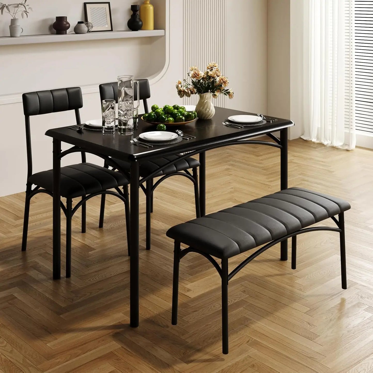 Dining Table Set for 4 with Upholstered Bench and 2 Chairs, Kitchen Table and Chairs for 4, for Small Space, Apartment, Dinner,R