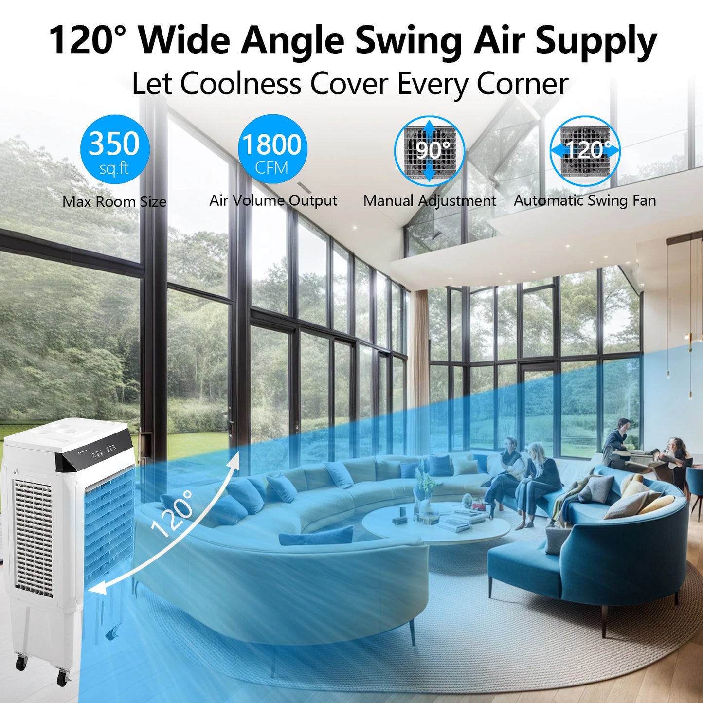 Evaporative Air Cooler, 1800CFM Swamp Cooler with Remote Control and 12H Timer, 4 Ice Packs, 3 Modes & Wind Speeds , 8.4 Gallon