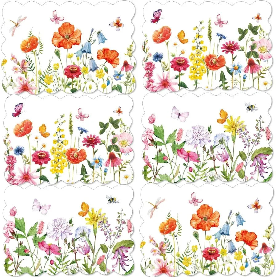 Spring Plastic Placemats Set of 6 Summer Plastic Place Mats Watercolor Flowers Holiday Table Vinyl Placemats for Indoor Outdoor