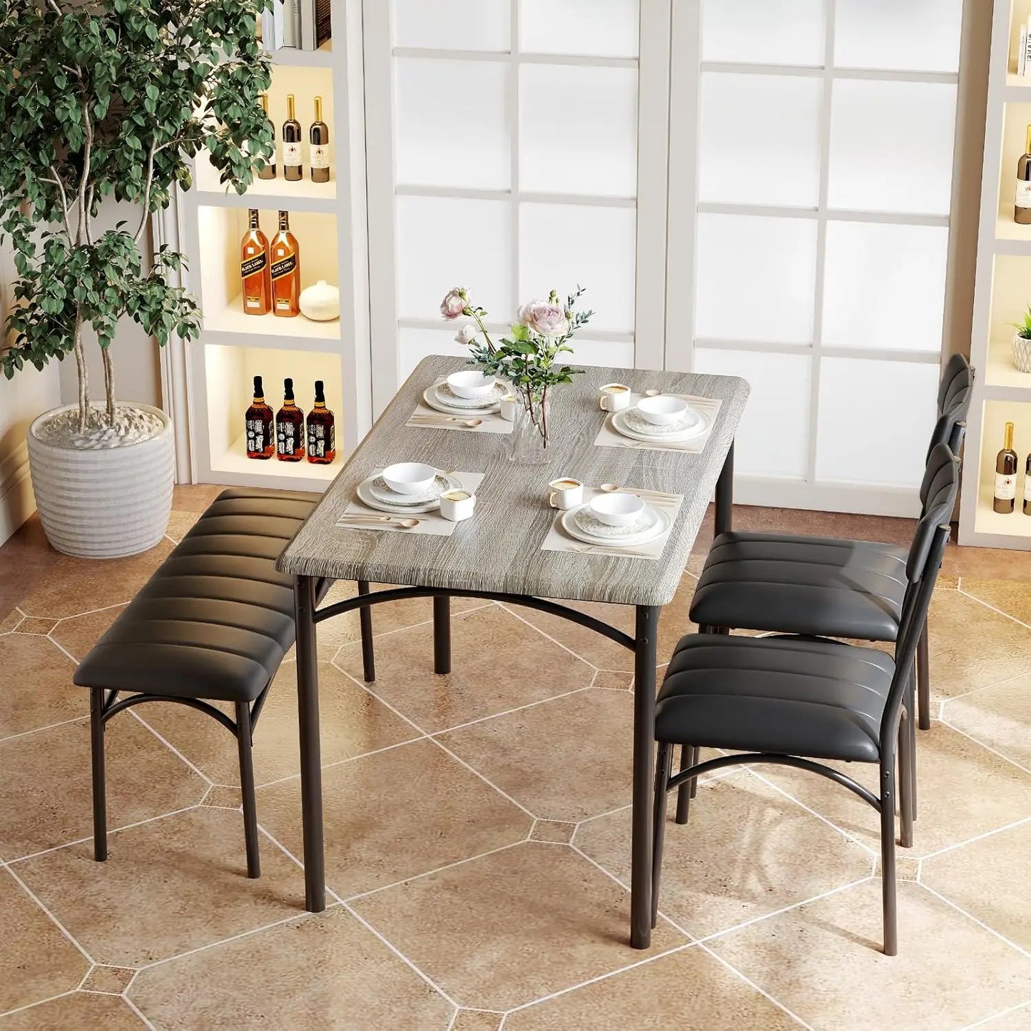 Dining Table Set for 4 with Upholstered Bench and 2 Chairs, Kitchen Table and Chairs for 4, for Small Space, Apartment, Dinner,R