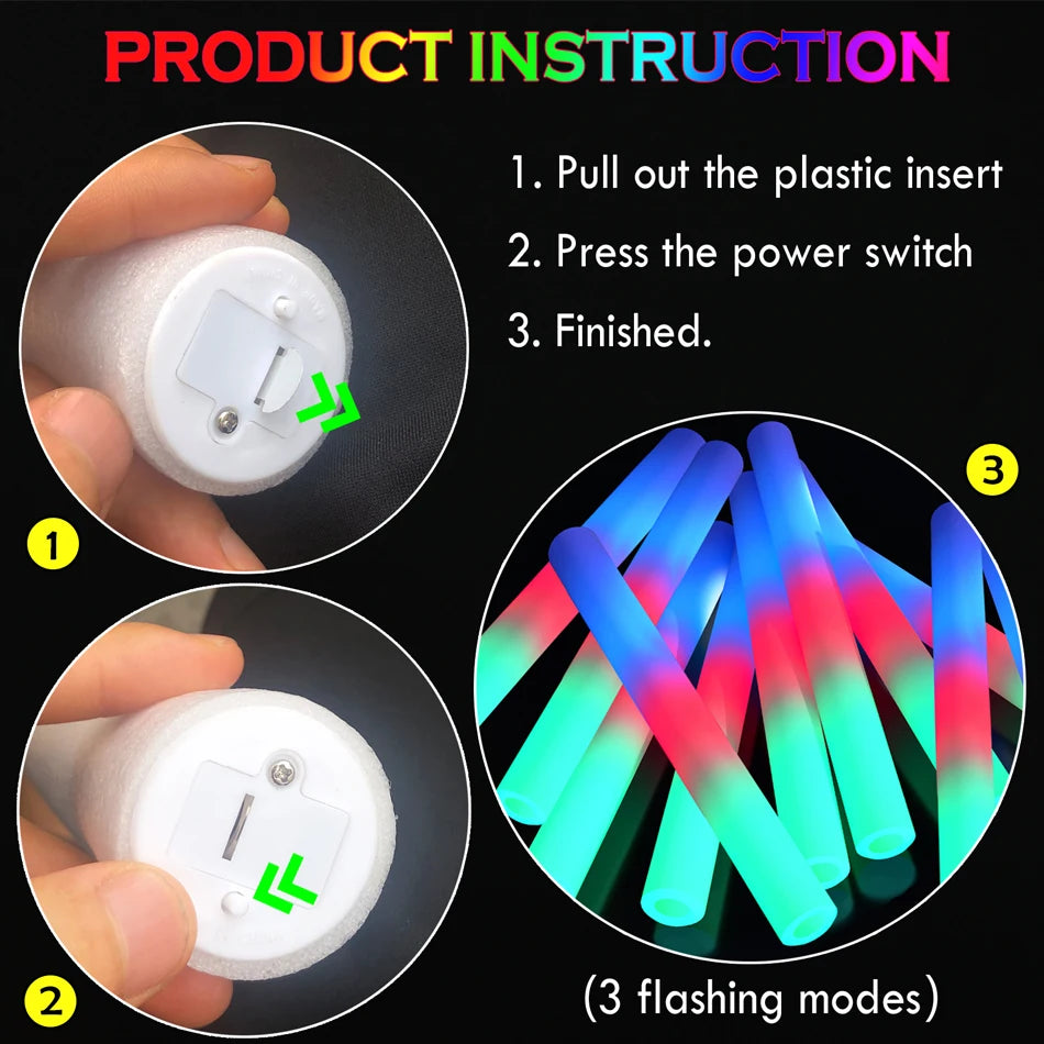 15/25/35/105 Pcs LED Foam Glow Sticks Bulk Colorful RGB Light Up Sticks Glow in The Dark Party Supplies for Wedding Birthday