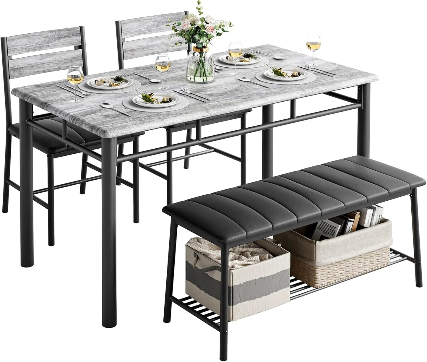 IRONCK Dining Table Set for 4, Kitchen Table and Chairs Set for Small Space, Kitchen Table with Upholstered Bench and 2 Chairs