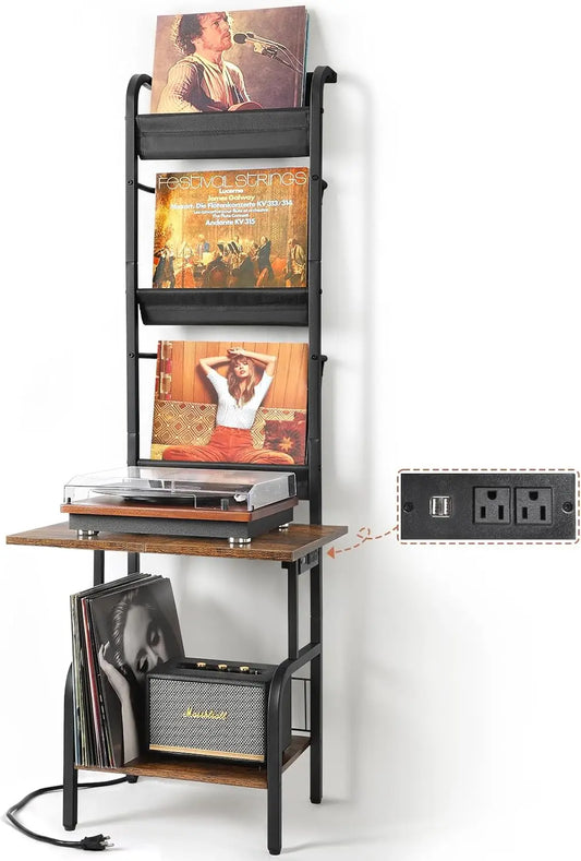 Record Player Stand with Power Outlet, Record Player Table with Vinyl Record Storage up to 200 Albums, Turntable Stand with Reco