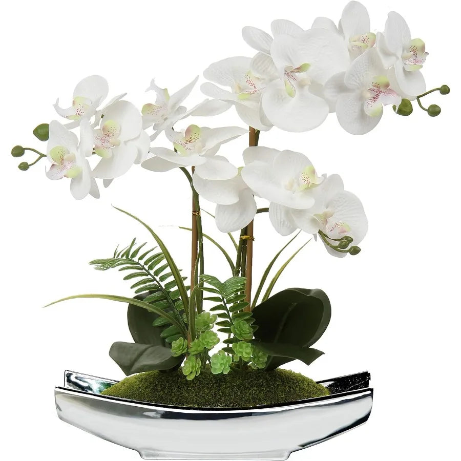 Artificial White Phalaenopsis Orchid Flowers 15 with Silver Pots Real Touch Faux Orchid Plant for Home Office Living Room Table