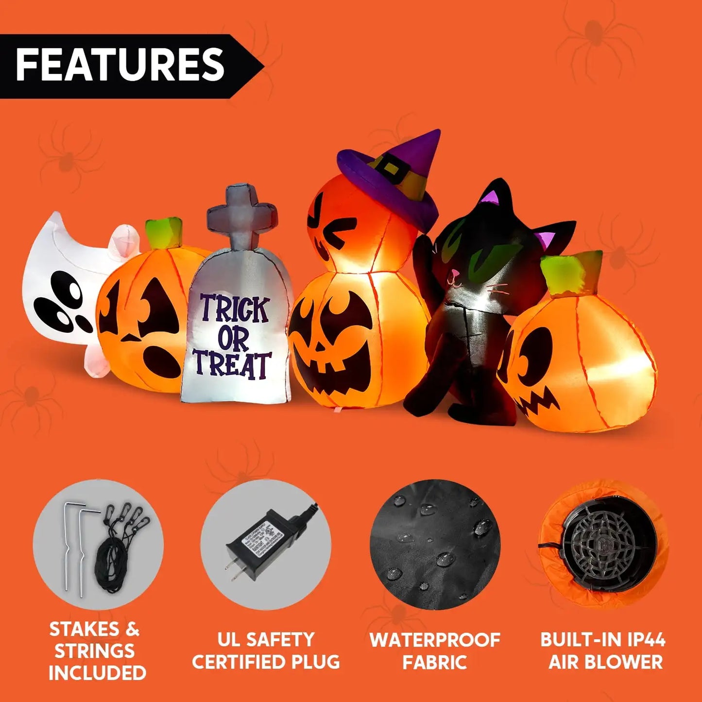 Joyfy 8 ft Halloween Inflatables Characters Long Light Up Pumpkin Ghost Cat Tombstone Halloween Blow up Yard Decorations