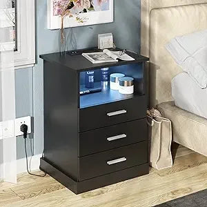 modern led nightstand with charging port, 3-drawer side table with lighting, open storage end table, bedside storage cabinet