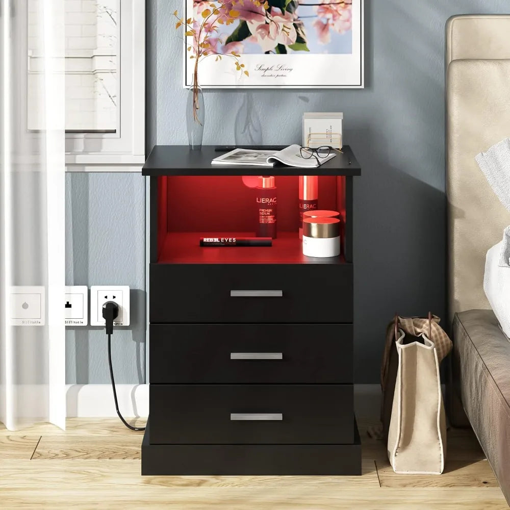 modern led nightstand with charging port, 3-drawer side table with lighting, open storage end table, bedside storage cabinet