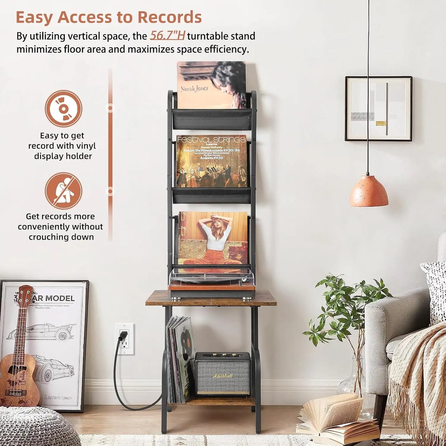 Record Player Stand with Power Outlet, Record Player Table with Vinyl Record Storage up to 200 Albums, Turntable Stand with Reco