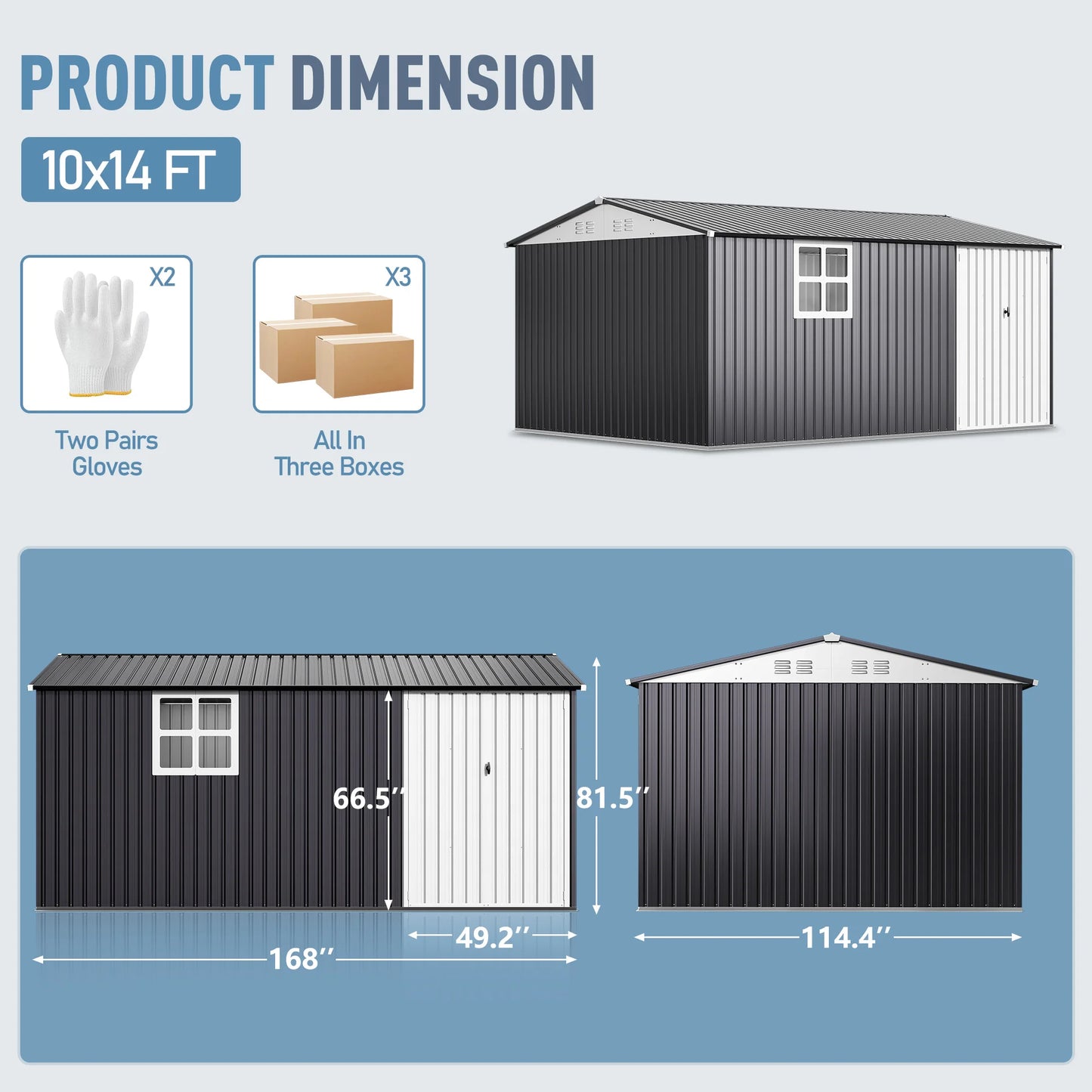 VIWAT 10x12~12x14 FT Outdoor Metal Storage Shed with Window, Lockable Garden Tool Shed, Heavy-Duty Frame, Backyard Patio Black