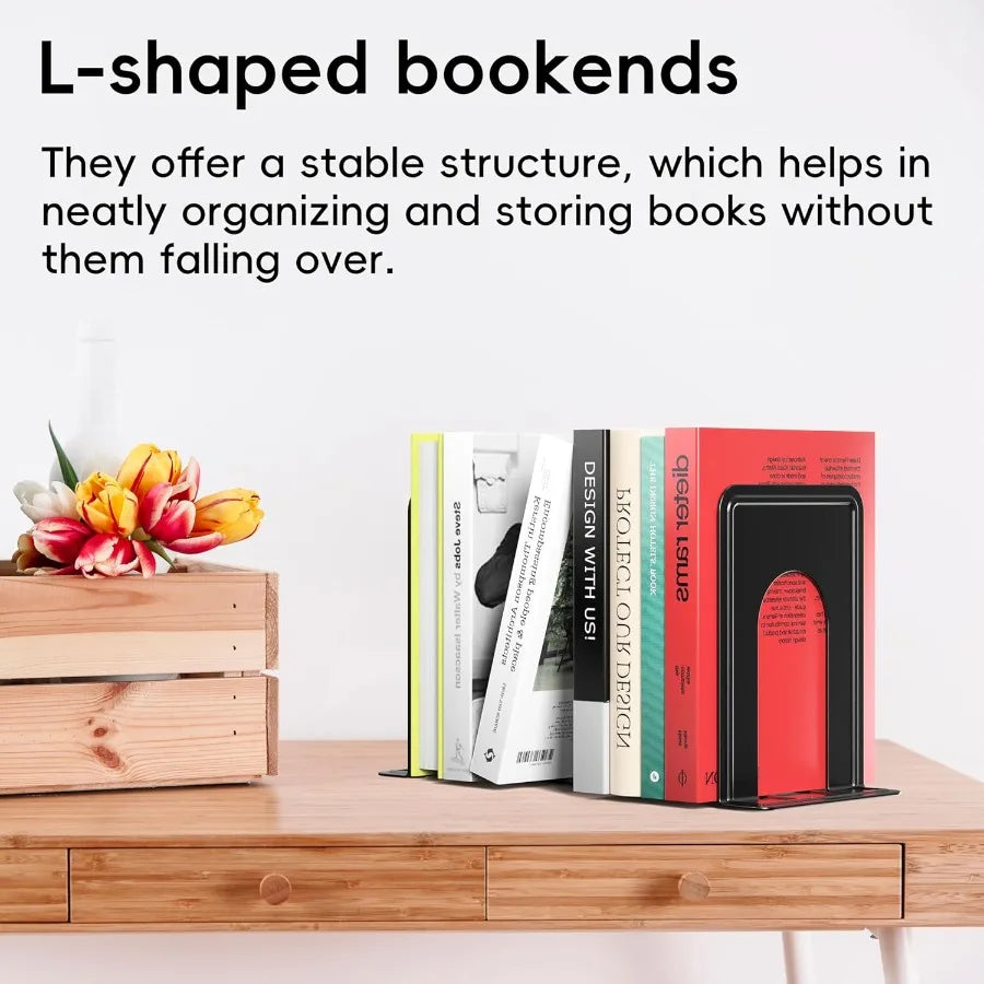 Heavy duty metal bookend supports with modern black finish ideal for home office school and shelf organization; includes 2 pair