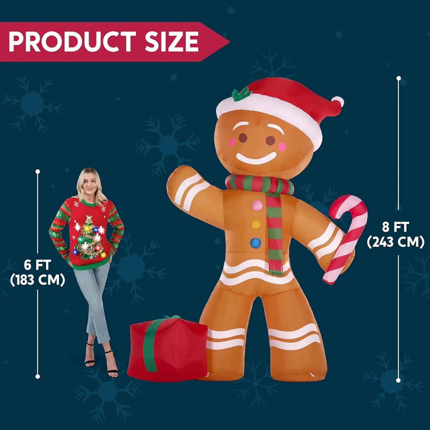 JOYFY 8 FT Christmas Inflatable Gingerbread Man with Candy Cane with Build-in LEDs for Xams Party Outdoor Décor