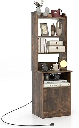 6-tier adjustable bookshelf nightstand, 56" tall, industrial style charging station
