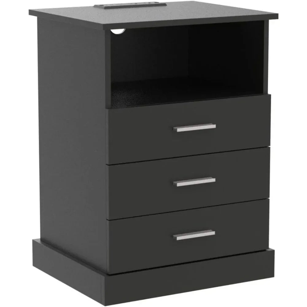 modern led nightstand with charging port, 3-drawer side table with lighting, open storage end table, bedside storage cabinet