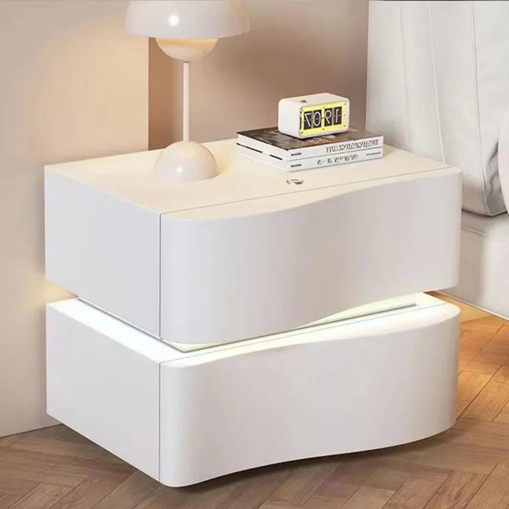 Solid Wood Nightstand with LED Light Strip Modern Leather Bedside Table with Drawer for Bedroom Side Table.Customized.