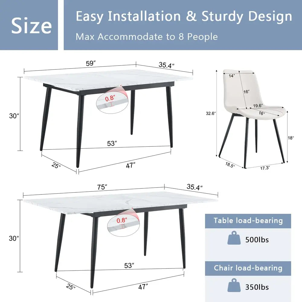5 Piece Dining Table Set, 59"-75" Extendable Dining Room Table Set with 4 Upholstered Chairs, White Kitchen Table, Customized