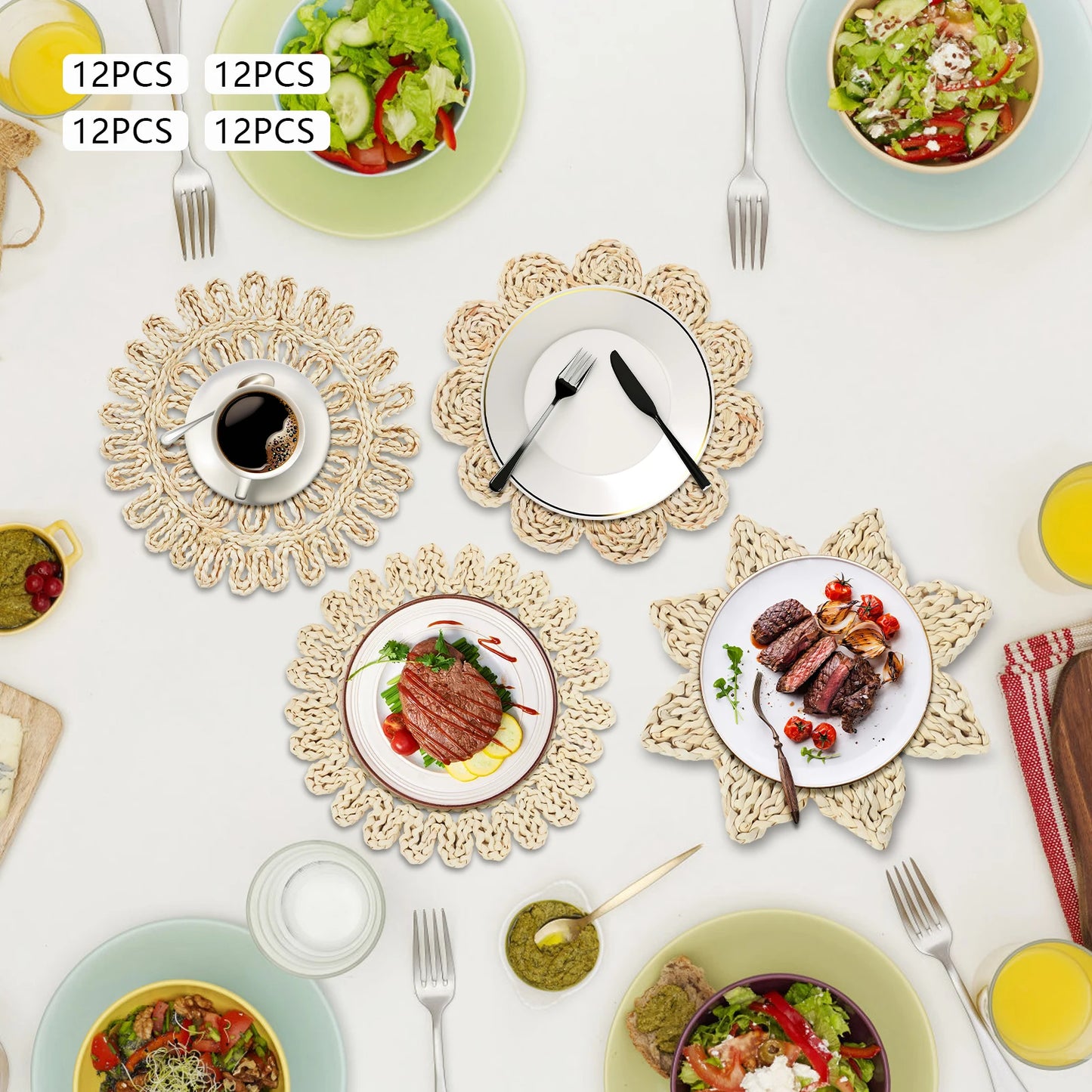 12 Pack Round Woven Placemats Heat Resistant Table Mats Natural Corn Husk Dining Tableware Place Settings for Home Restaurant