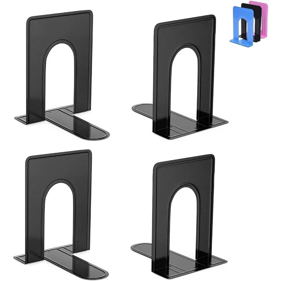 Heavy duty metal bookend supports with modern black finish ideal for home office school and shelf organization; includes 2 pair