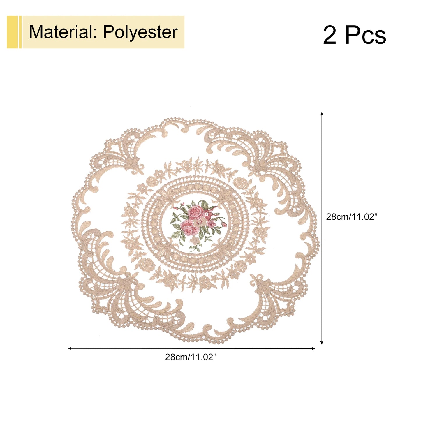 2Pcs Retro Lace Placemats, French Crochet Doilies Round Embroidered Hollow Cup Vase Table Mat for Dining Table 11.02x11.02inch