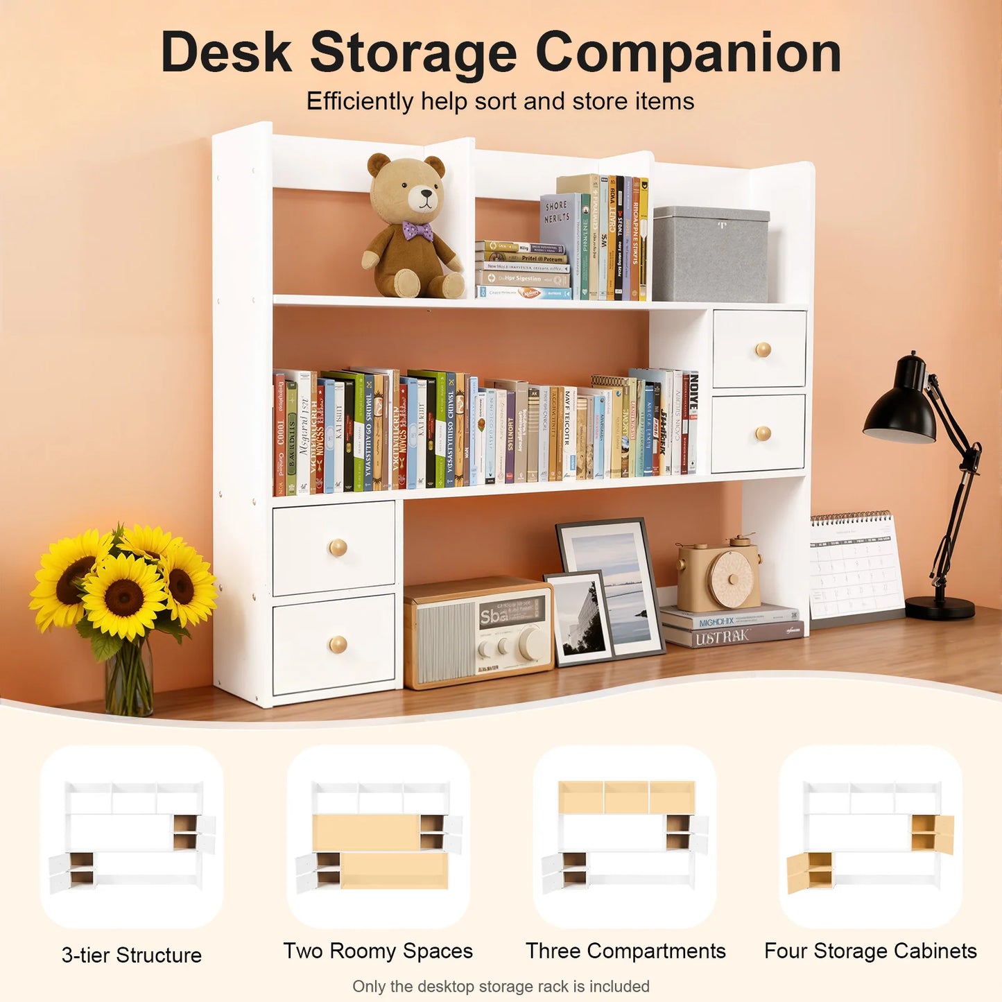 Desk Bookshelf White Desktop Storage Rack 4 Cabinet Mdf Book Magazine Document Holder Office Dormitory Organizer