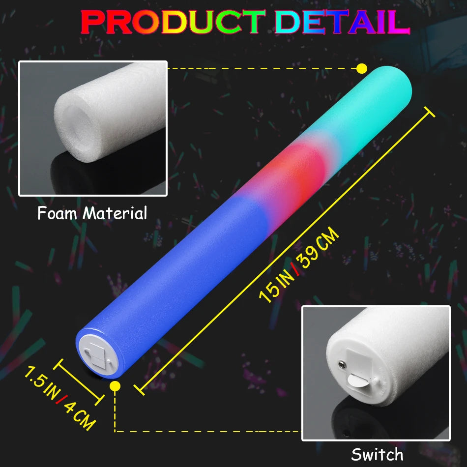 15/25/35/105 Pcs LED Foam Glow Sticks Bulk Colorful RGB Light Up Sticks Glow in The Dark Party Supplies for Wedding Birthday