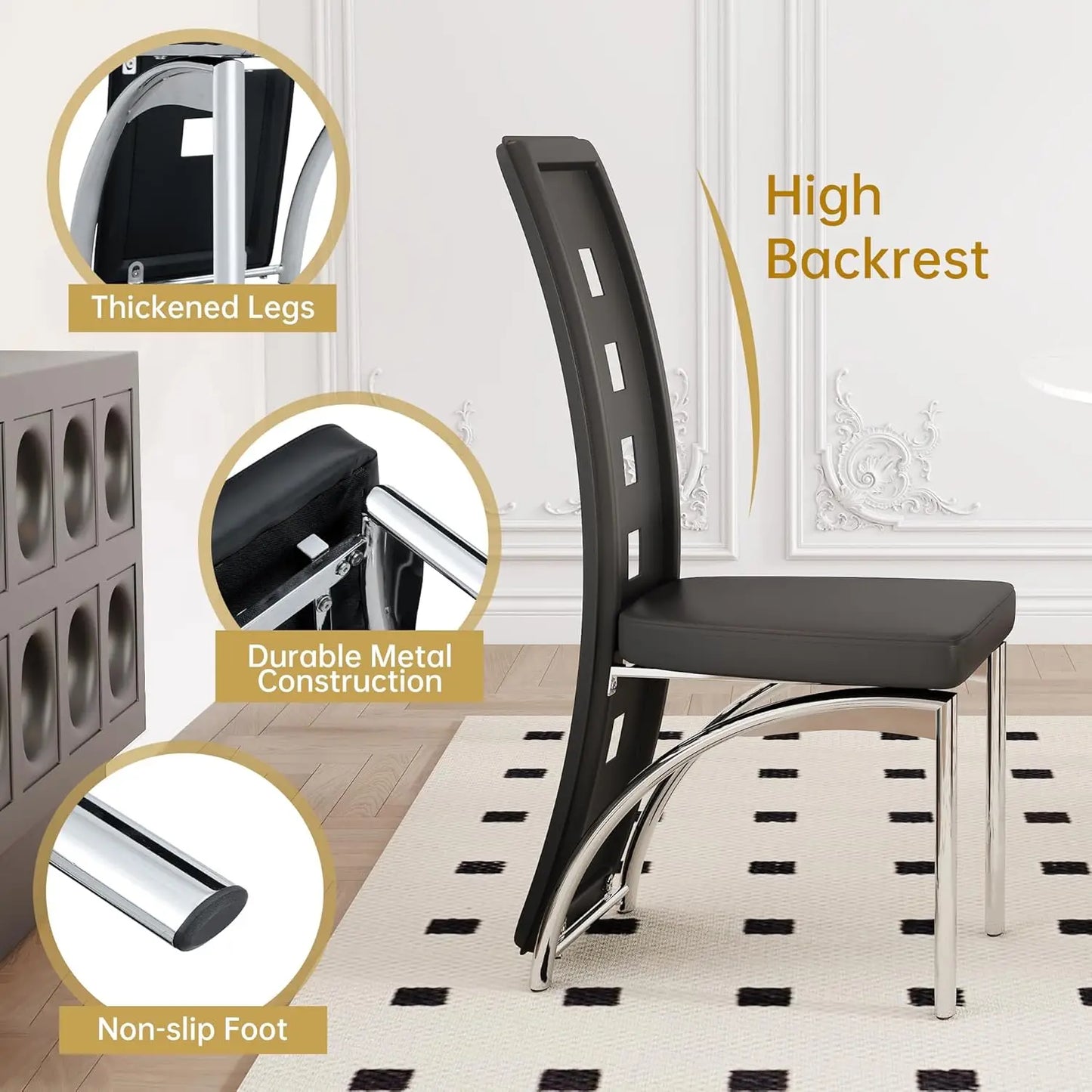 Black Dining Chairs Set of 6，Dining Room Chairs Set ，Upholstered Faux Leather Kitchen Chair with Metal Legs, Customized