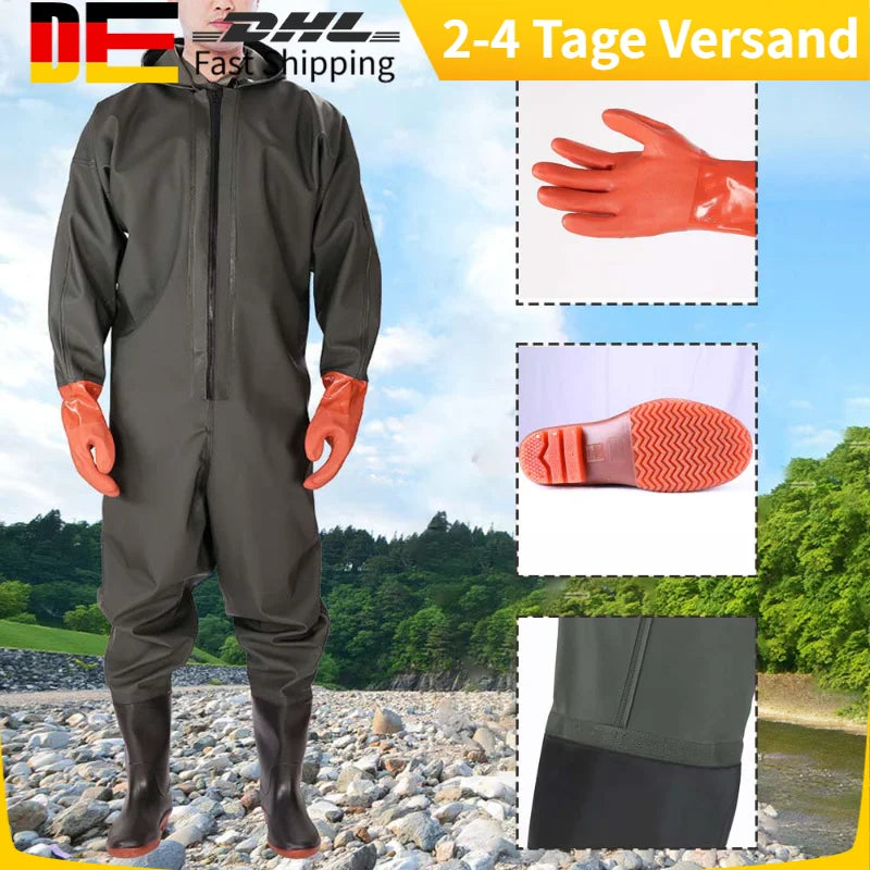 Men's Hooded Long Sleeve Wader Waterproof Overalls Pants With Boots Gloves Set Adult Outdoor Fishing Hunting River Tracing Gear