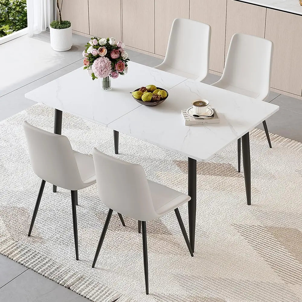 5 Piece Dining Table Set, 59"-75" Extendable Dining Room Table Set with 4 Upholstered Chairs, White Kitchen Table, Customized