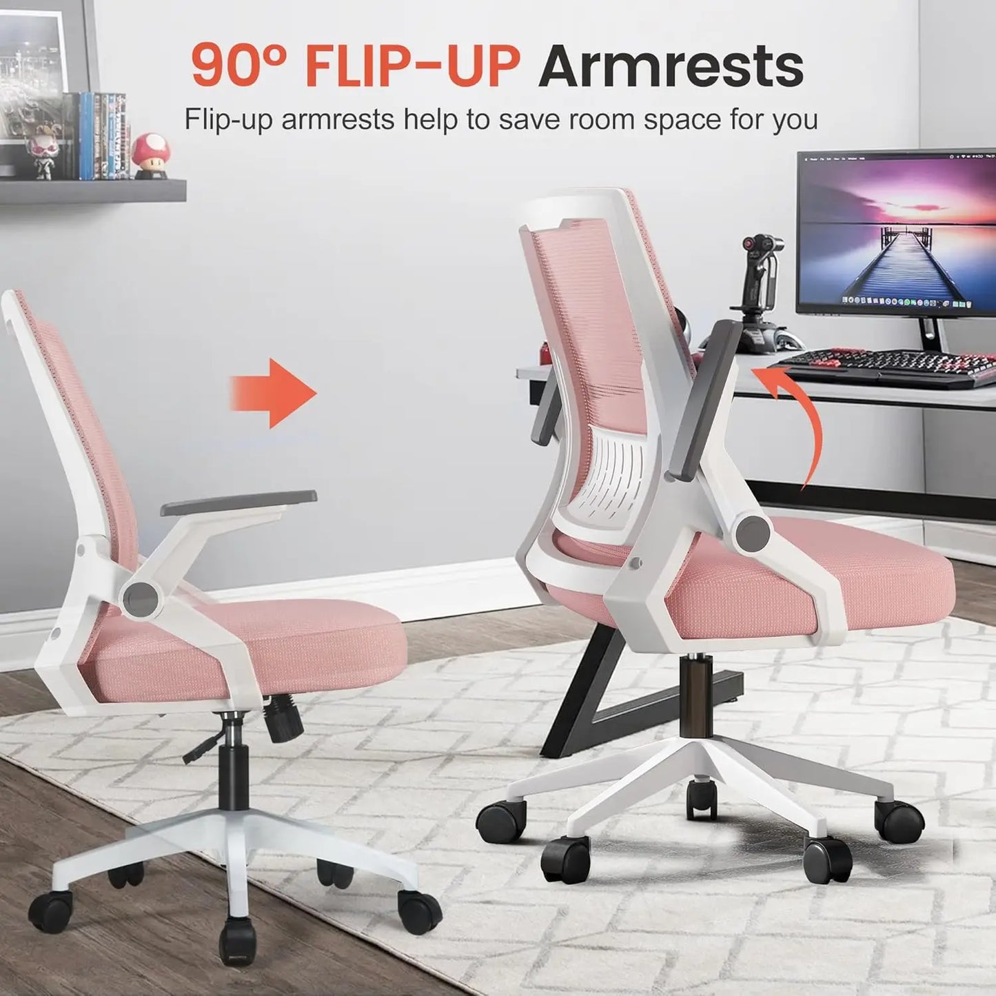 Ergonomic Office Chair with Flip-up Armrests, Breathable Mesh & Lumbar Support in Pink