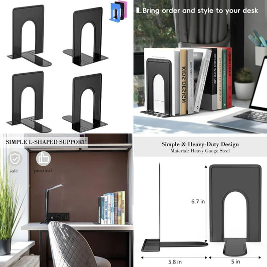 Heavy duty metal bookend supports with modern black finish ideal for home office school and shelf organization; includes 2 pair