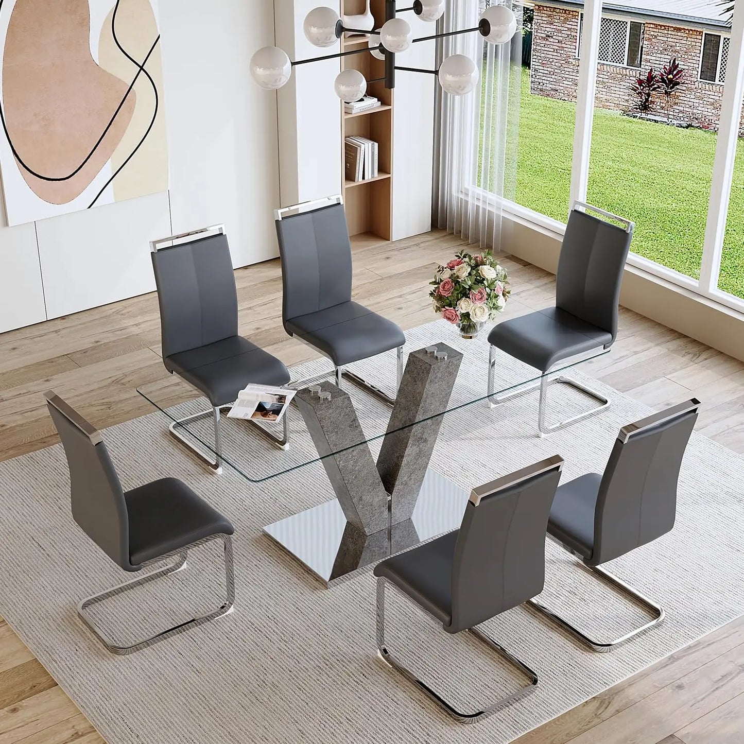 Glass Dining Room Table Set for 6,Modern Dining Table with 6 PU Leather Dining Chairs.71'' Kitchen Table with, Customized