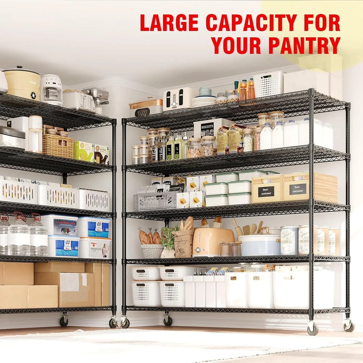 5-Tiers Garage Shelving for Pantry Garage Kitchen Home Commercia Storage Shelves Unit with Wheels & Feet 82.6" Hx 59"W x 23.9"D
