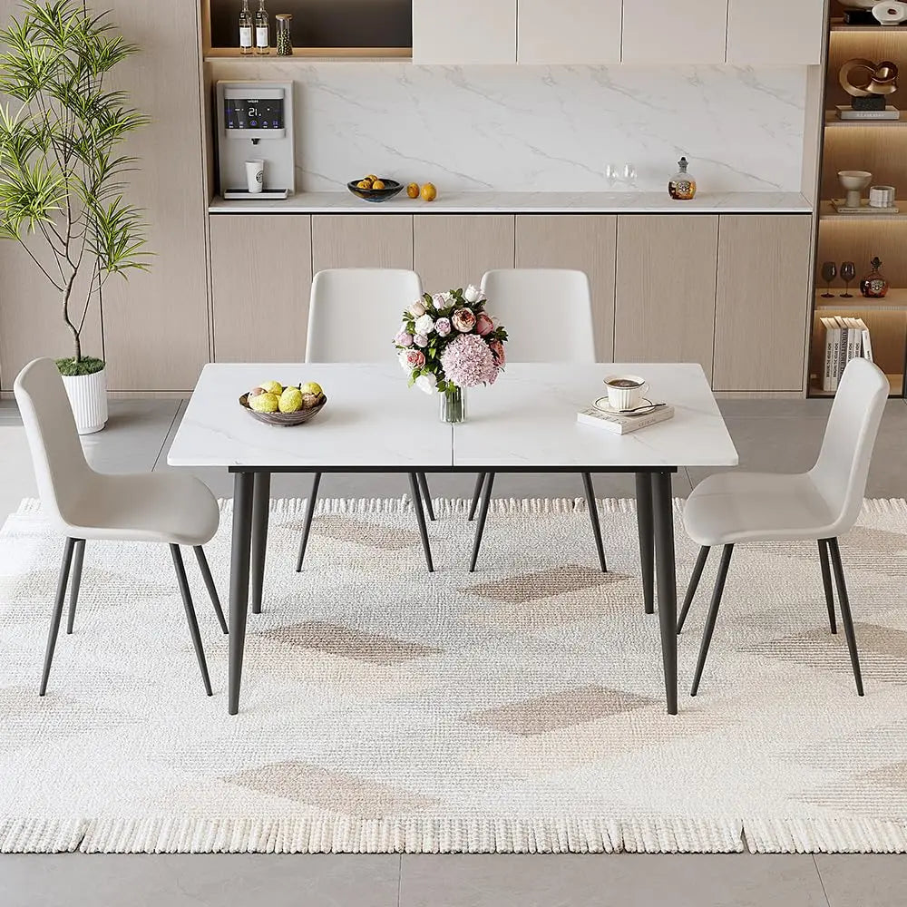 5 Piece Dining Table Set, 59"-75" Extendable Dining Room Table Set with 4 Upholstered Chairs, White Kitchen Table, Customized